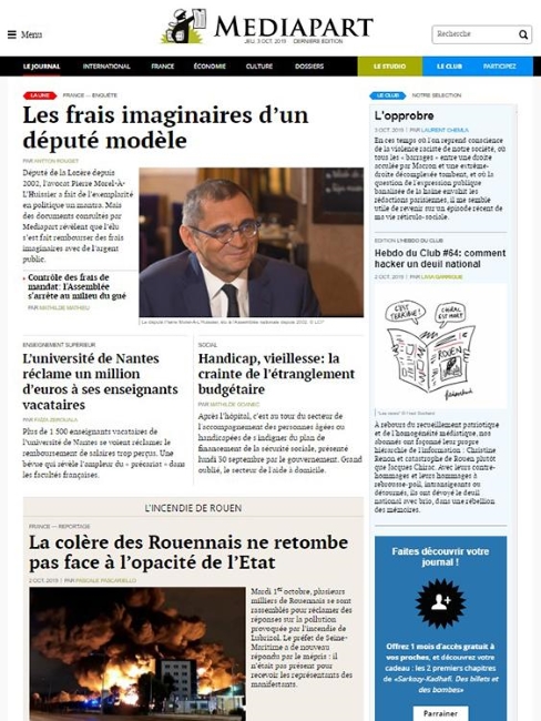 Ce jeudi 3 octobre, à la une de Mediapart