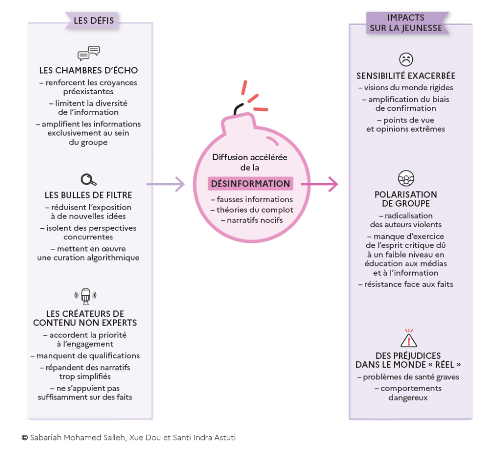 Infographie reprenant les éléments des chambres d'écho, des bulles de filtre et des créateurs de contenus non experts qui contribuent à une diffusion accélérée de la désinformation ainsi que des impacts sur la jeunesse comme une sensibilité exacerbée, une polarisation de groupe et des préjudices dans le monde réel comme des problèmes de santé graves.